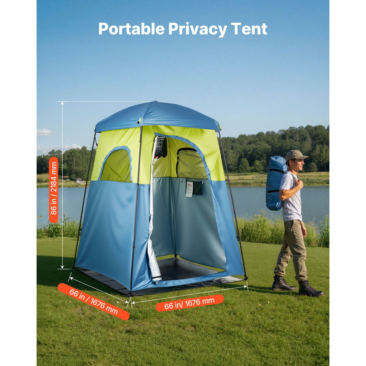Camping Shower Tent, 1 Room, Portable Privacy Tent Changing Room with Shower Bag, Ground Stakes, Ropes, Carry Bag, and Support Poles, 150D Oxford Fabric with Silver Coating, for Camping, Fishing