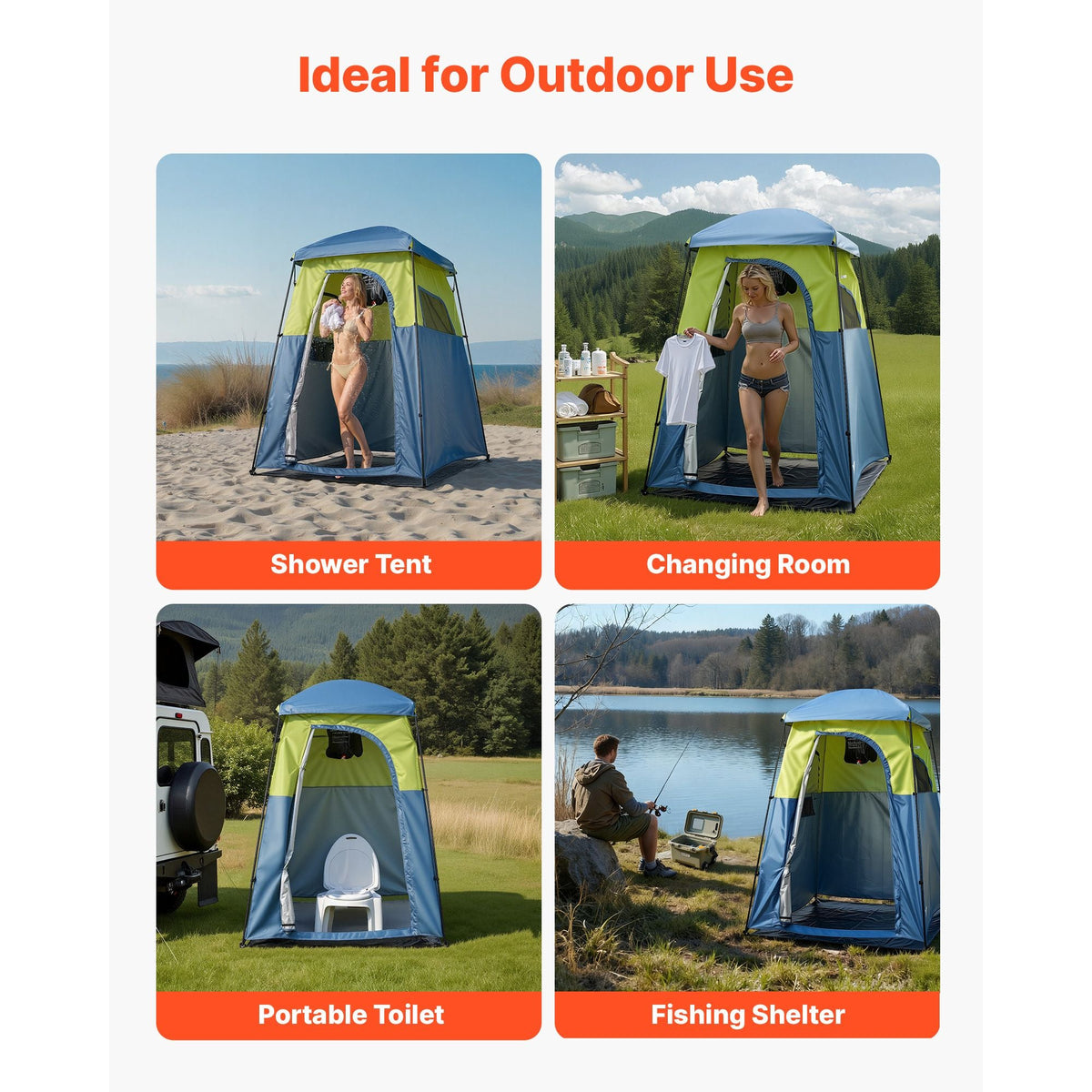 Camping Shower Tent, 1 Room, Portable Privacy Tent Changing Room with Shower Bag, Ground Stakes, Ropes, Carry Bag, and Support Poles, 150D Oxford Fabric with Silver Coating, for Camping, Fishing