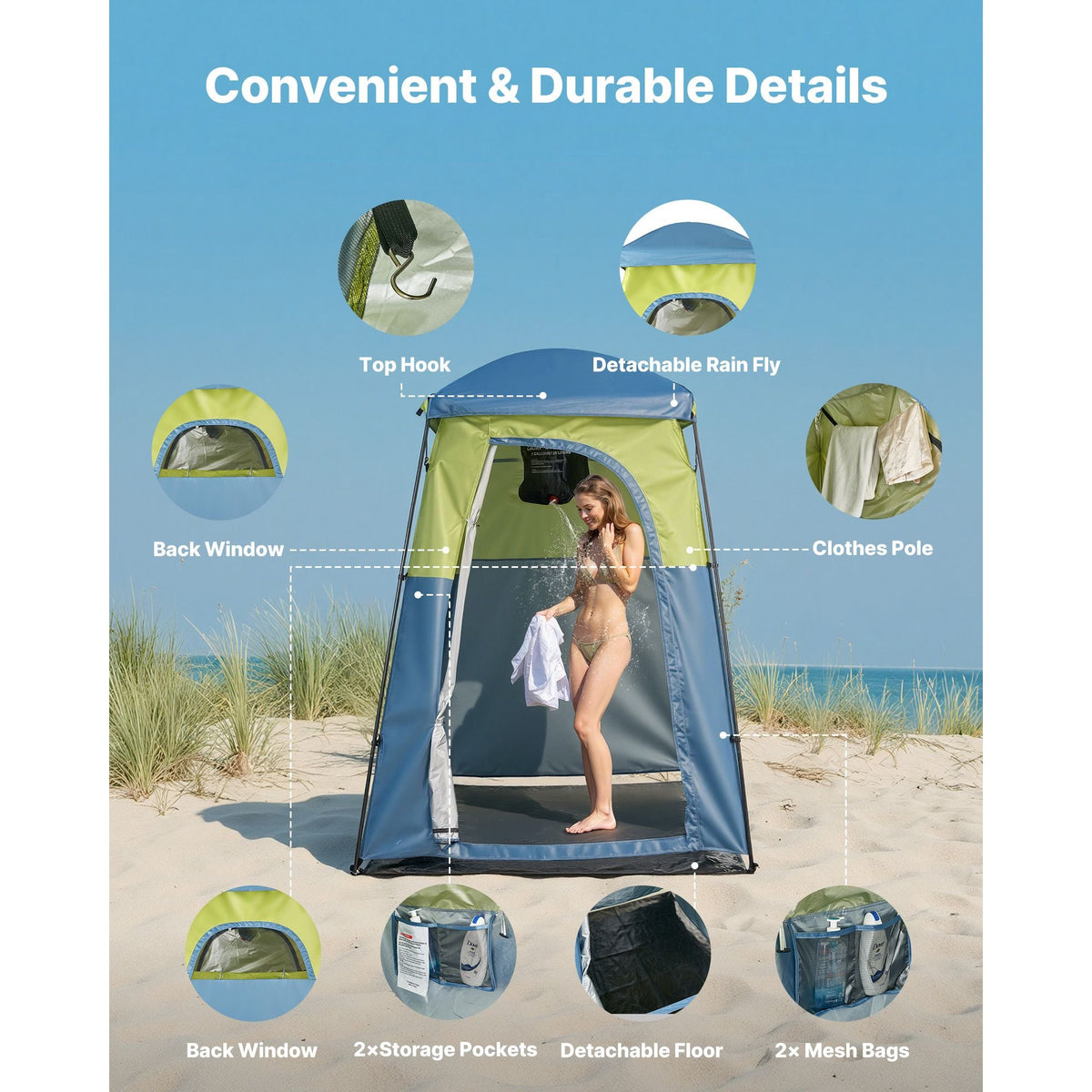 Camping Shower Tent, 1 Room, Portable Privacy Tent Changing Room with Shower Bag, Ground Stakes, Ropes, Carry Bag, and Support Poles, 150D Oxford Fabric with Silver Coating, for Camping, Fishing