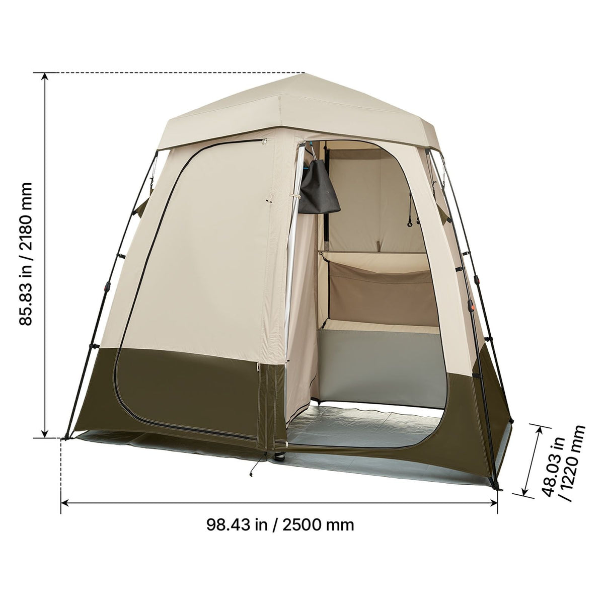 Camping Shower Tent, 2-Room Foldable Privacy Tent Changing Room with Ground Stakes, Ropes, Carry Bag, and Crossbar, 150D Oxford Fabric with Silver Coating, for Camping, Beach, and Fishing