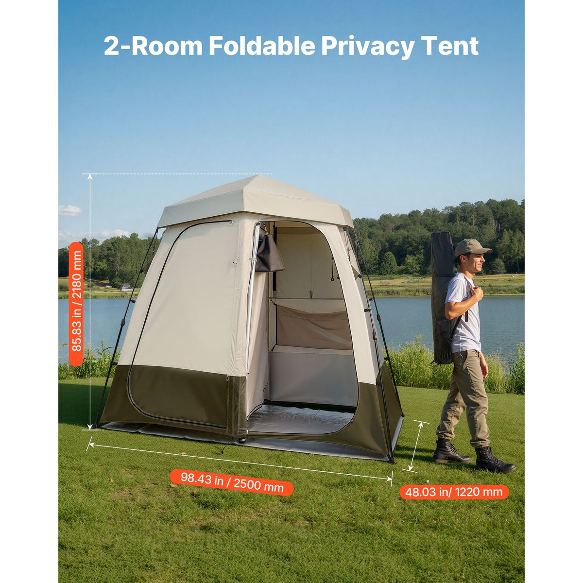 Camping Shower Tent, 2-Room Foldable Privacy Tent Changing Room with Ground Stakes, Ropes, Carry Bag, and Crossbar, 150D Oxford Fabric with Silver Coating, for Camping, Beach, and Fishing