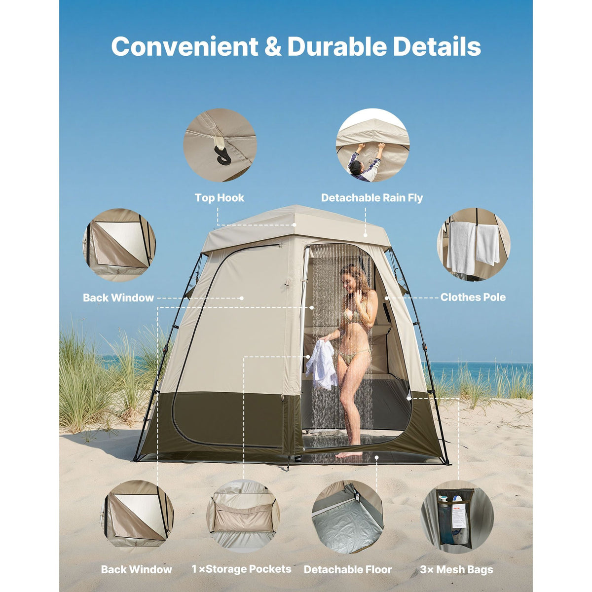 Camping Shower Tent, 2-Room Foldable Privacy Tent Changing Room with Ground Stakes, Ropes, Carry Bag, and Crossbar, 150D Oxford Fabric with Silver Coating, for Camping, Beach, and Fishing