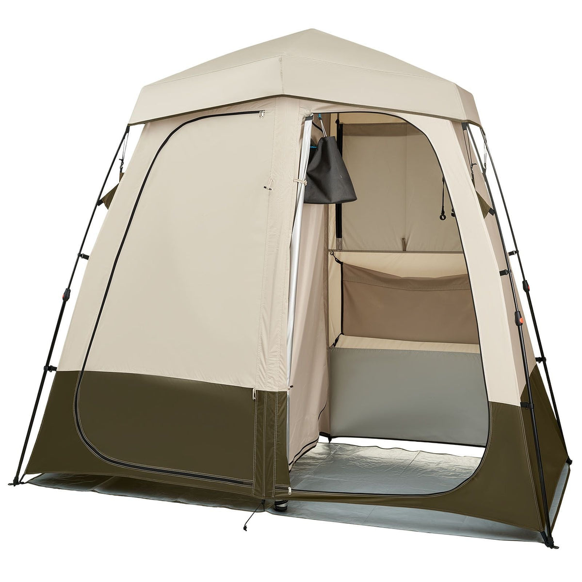 Camping Shower Tent, 2-Room Foldable Privacy Tent Changing Room with Ground Stakes, Ropes, Carry Bag, and Crossbar, 150D Oxford Fabric with Silver Coating, for Camping, Beach, and Fishing