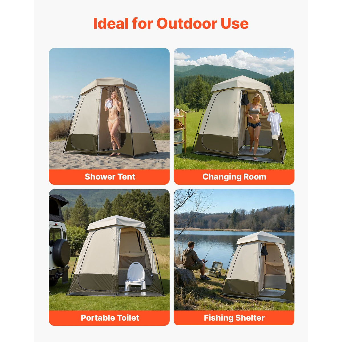 Camping Shower Tent, 2-Room Foldable Privacy Tent Changing Room with Ground Stakes, Ropes, Carry Bag, and Crossbar, 150D Oxford Fabric with Silver Coating, for Camping, Beach, and Fishing