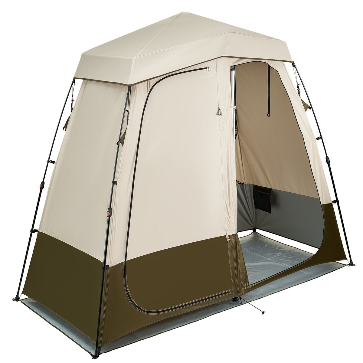 Camping Shower Tent, 2-Room Foldable Privacy Tent Changing Room with Ground Stakes, Ropes, Carry Bag, and Crossbar, 150D Oxford Fabric with Silver Coating, for Camping, Beach, and Fishing
