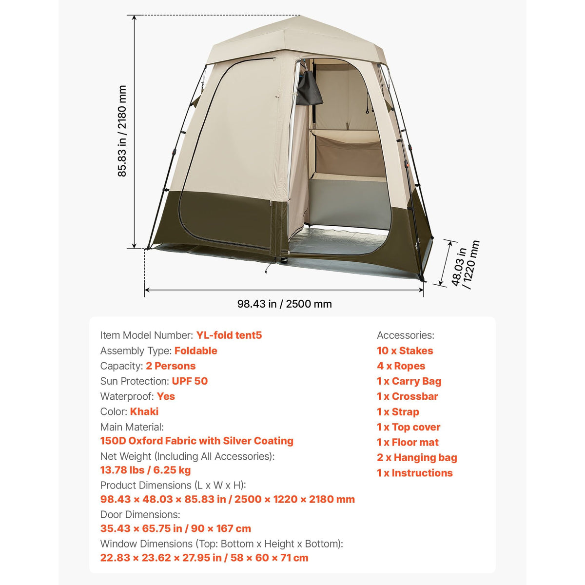Camping Shower Tent, 2-Room Foldable Privacy Tent Changing Room with Ground Stakes, Ropes, Carry Bag, and Crossbar, 150D Oxford Fabric with Silver Coating, for Camping, Beach, and Fishing