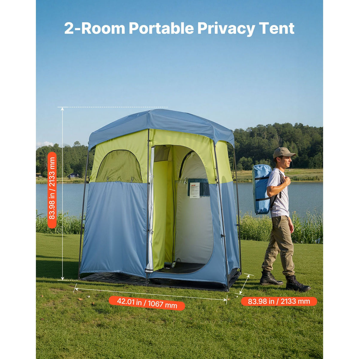 Camping Shower Tent, 2-Room Portable Privacy Tent Changing Room with Shower Bag, Ground Stakes, Ropes, Carry Bag, and Support Poles, 150D Oxford Fabric with Silver Coating, for Camping, Fishing