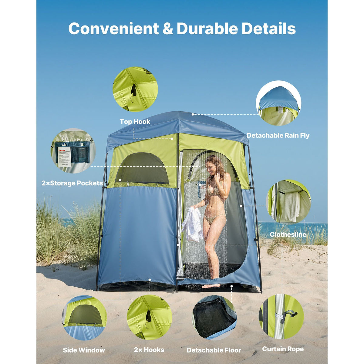 Camping Shower Tent, 2-Room Portable Privacy Tent Changing Room with Shower Bag, Ground Stakes, Ropes, Carry Bag, and Support Poles, 150D Oxford Fabric with Silver Coating, for Camping, Fishing