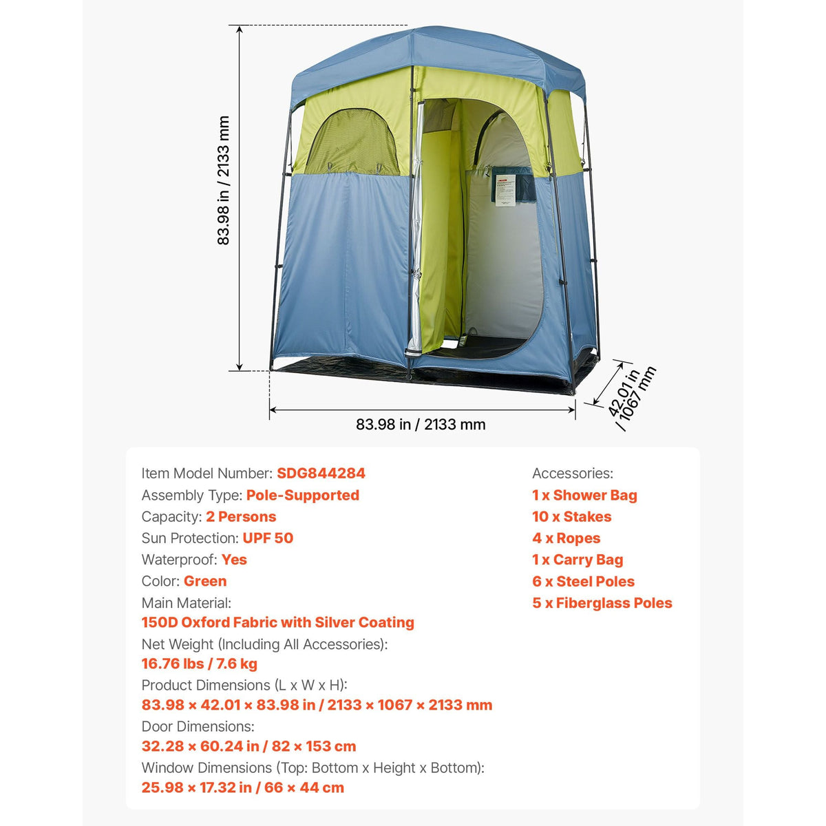Camping Shower Tent, 2-Room Portable Privacy Tent Changing Room with Shower Bag, Ground Stakes, Ropes, Carry Bag, and Support Poles, 150D Oxford Fabric with Silver Coating, for Camping, Fishing