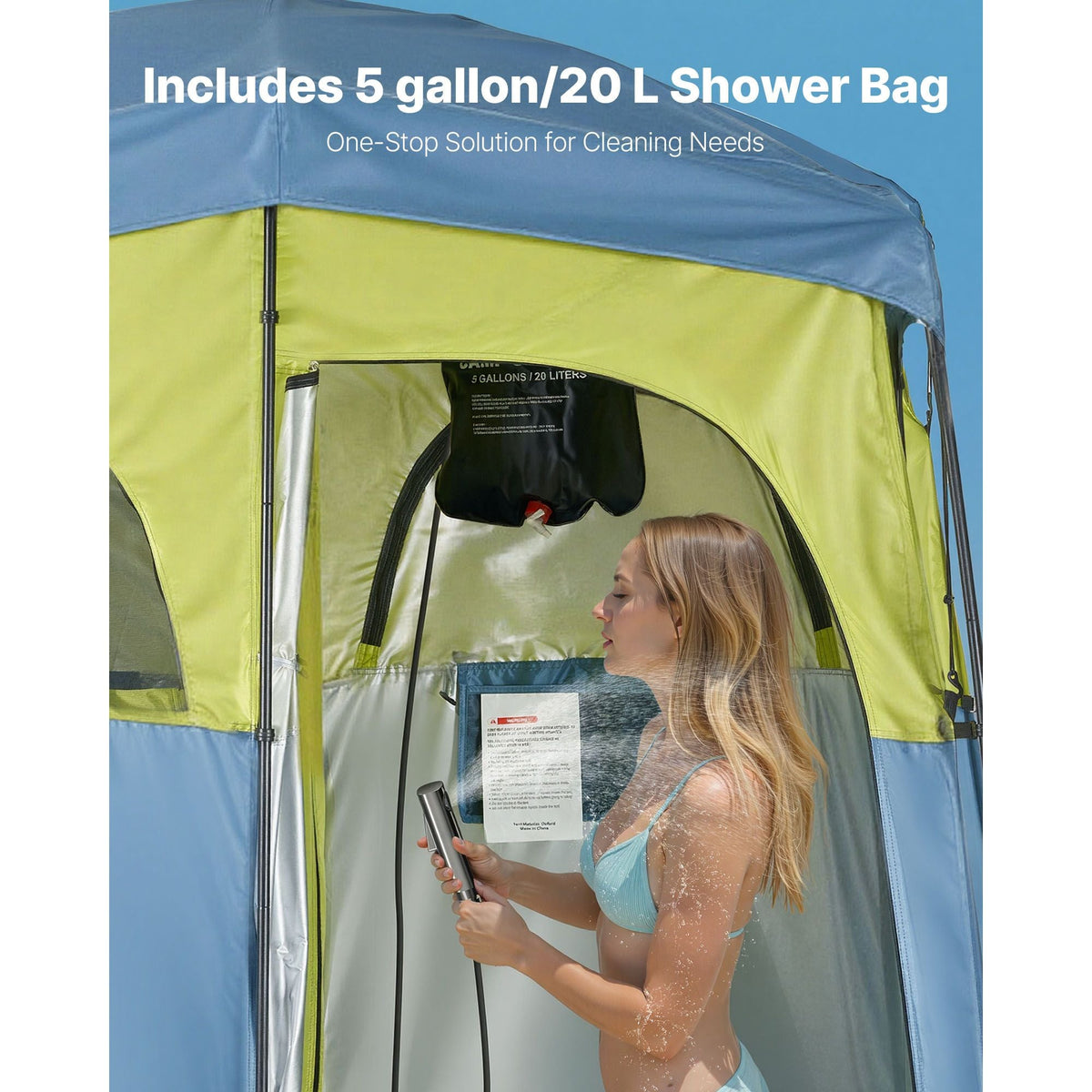 Camping Shower Tent, 2-Room Portable Privacy Tent Changing Room with Shower Bag, Ground Stakes, Ropes, Carry Bag, and Support Poles, 150D Oxford Fabric with Silver Coating, for Camping, Fishing