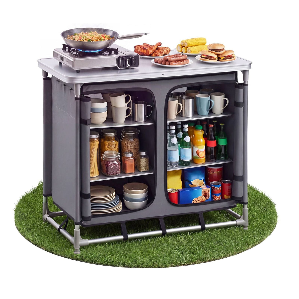 Camping Storage Cabinet, Outdoor Portable Aluminum Lightweight Table, Quick Set-up Compact Kitchen Cook Station, with 6 Shelves and Carry Bag, for Picnic, BBQ, Party, Camping, RV Traveling