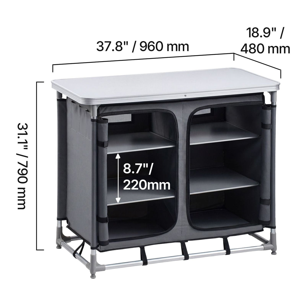 Camping Storage Cabinet, Outdoor Portable Aluminum Lightweight Table, Quick Set-up Compact Kitchen Cook Station, with 6 Shelves and Carry Bag, for Picnic, BBQ, Party, Camping, RV Traveling