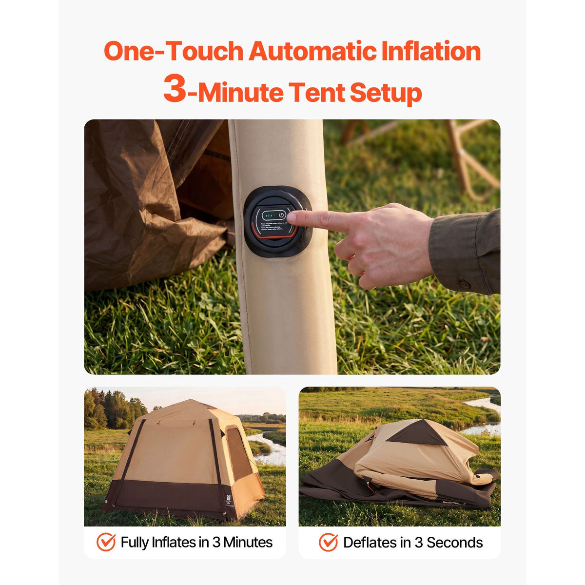 Camping Tent, 4 Person Inflatable Cabin Tent with Rechargeable Pump, TPU Air Tube & 5 Large Mesh Windows, Portable Easy Setup Waterproof with Carry Bag for Family Outdoor Camping & Hiking, Beige