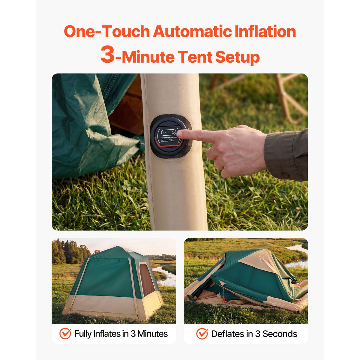 Camping Tent, 4 Person Inflatable Cabin Tent with Rechargeable Pump, TPU Air Tube & 5 Large Mesh Windows, Portable Easy Setup Waterproof with Carry Bag for Family Outdoor Camping & Hiking, Green