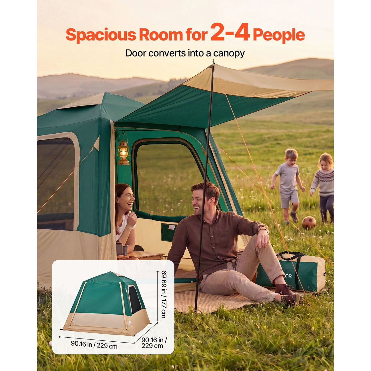 Camping Tent, 4 Person Inflatable Cabin Tent with Rechargeable Pump, TPU Air Tube & 5 Large Mesh Windows, Portable Easy Setup Waterproof with Carry Bag for Family Outdoor Camping & Hiking, Green