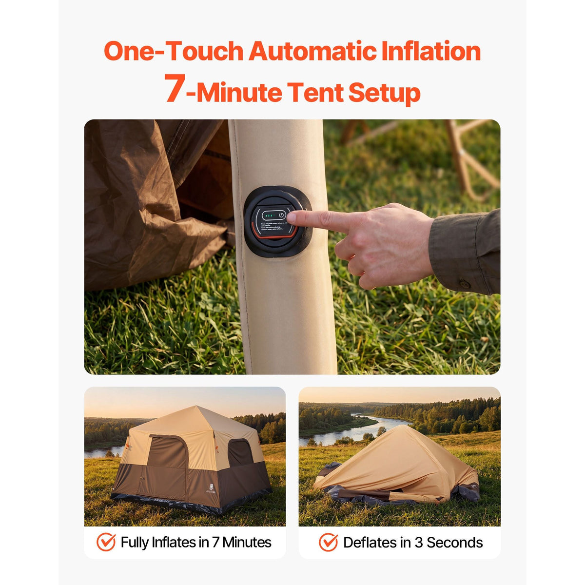 Camping Tent, 6 Person Inflatable Cabin Tent with Rechargeable Pump, TPU Air Tube & 4 Large Mesh Windows, Portable Easy Setup Waterproof with Carry Bag for Family Outdoor Camping & Hiking, Beige