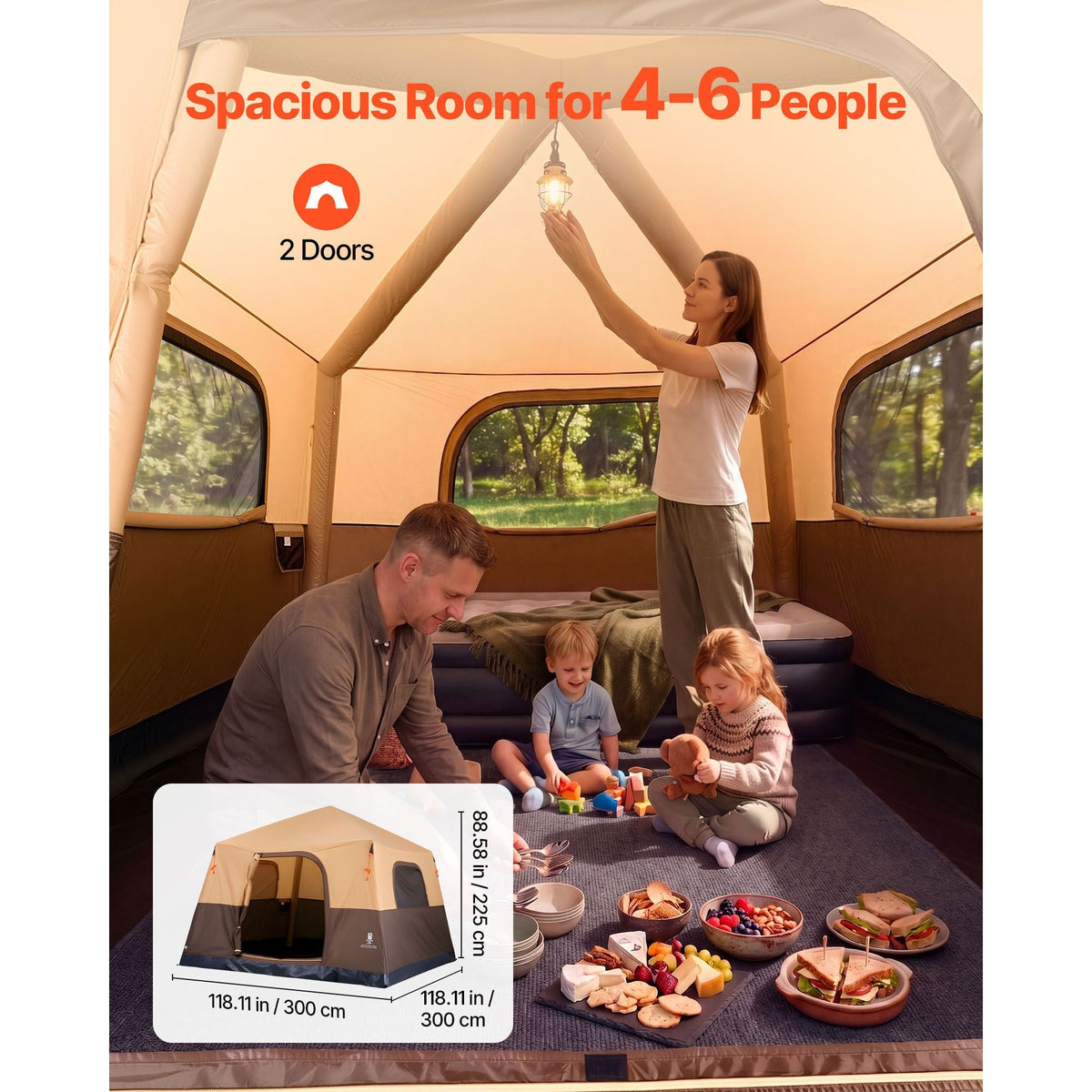 Camping Tent, 6 Person Inflatable Cabin Tent with Rechargeable Pump, TPU Air Tube & 4 Large Mesh Windows, Portable Easy Setup Waterproof with Carry Bag for Family Outdoor Camping & Hiking, Beige