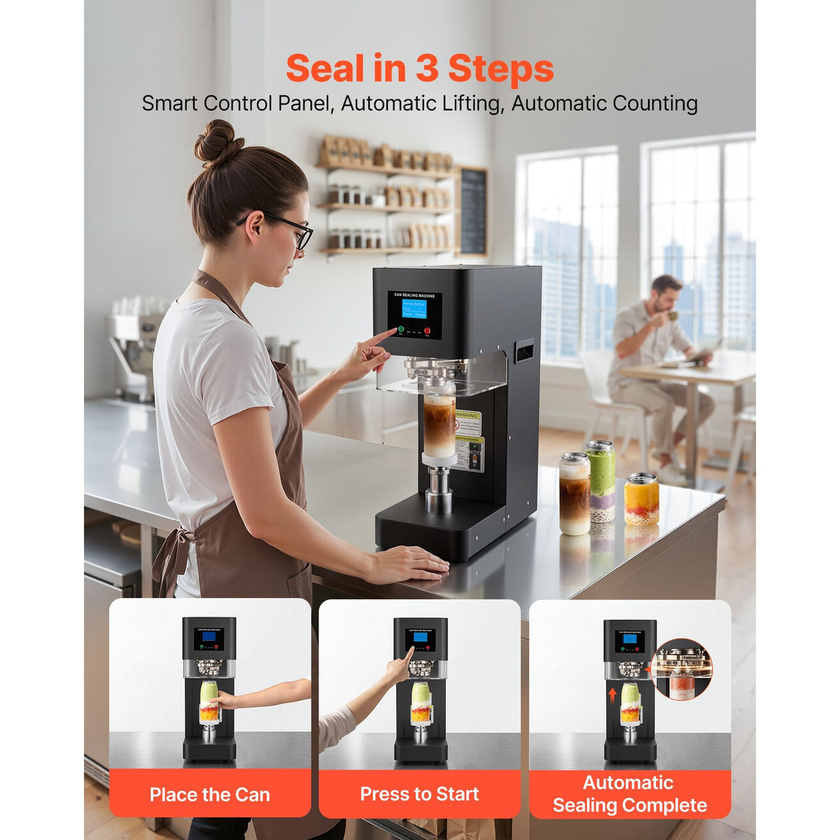 Can Sealer Machine, Automatic Commercial Soda Can Sealing Machine for 2.17 in (55 mm) Aluminum and Plastic Cans, Height Adjustable, Steel Housing Beverage Drink Seamer, for Coffee Shop, Black