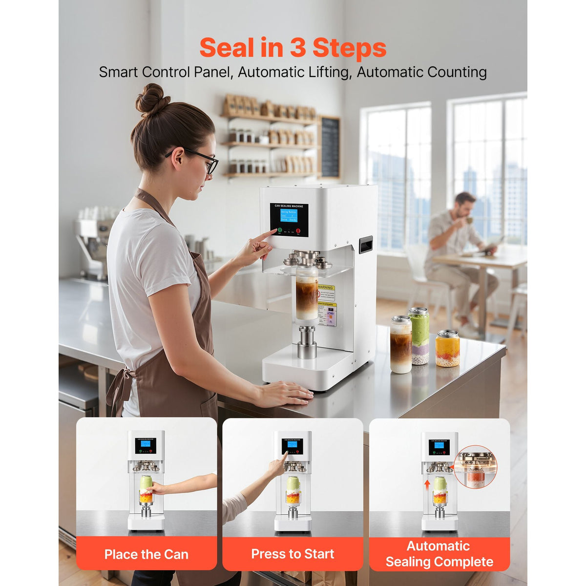 Can Sealer Machine, Automatic Commercial Soda Can Sealing Machine for 2.17 in (55 mm) Aluminum and Plastic Cans, Height Adjustable, Steel Housing Beverage Drink Seamer, for Coffee Shop, White