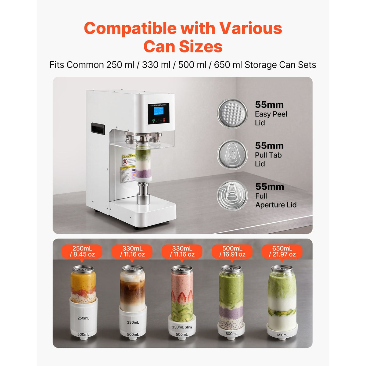 Can Sealer Machine, Automatic Commercial Soda Can Sealing Machine for 2.17 in (55 mm) Aluminum and Plastic Cans, Height Adjustable, Steel Housing Beverage Drink Seamer, for Coffee Shop, White