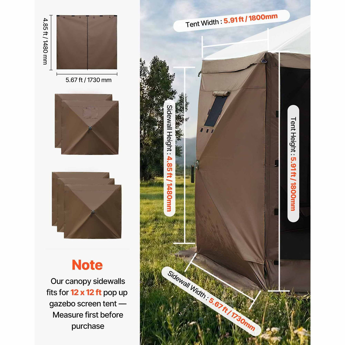 Canopy Sidewalls, 5.67 x 4.85 ft, Canopy Tent Walls with Waterproof and Sunlight Protection, 1 Zippered Door & 2 Windows Design for Outdoor Event Tents, Vendor Booths (6 Sidewalls Only, Brown)
