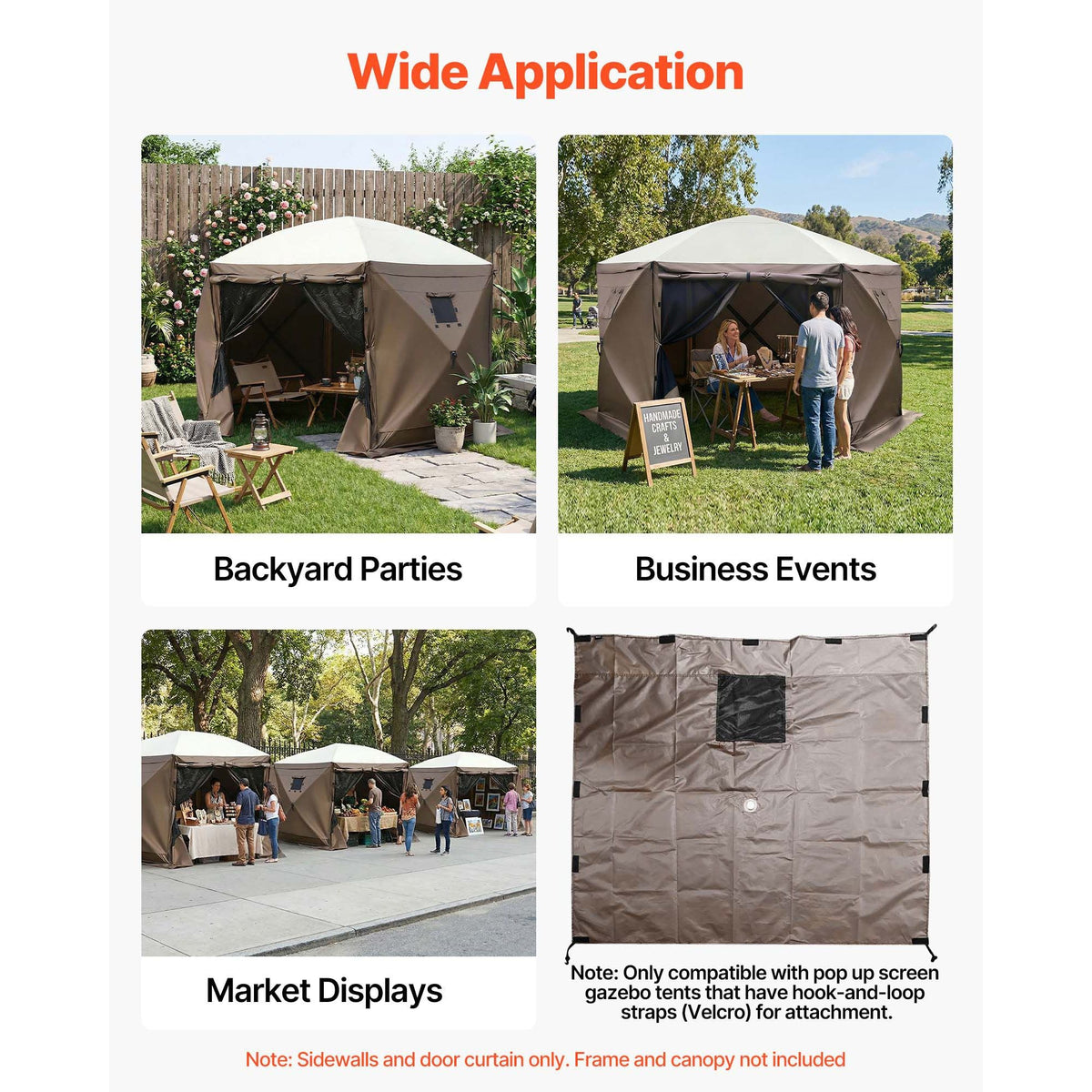 Canopy Sidewalls, 5.67 x 4.85 ft, Canopy Tent Walls with Waterproof and Sunlight Protection, 1 Zippered Door & 2 Windows Design for Outdoor Event Tents, Vendor Booths (6 Sidewalls Only, Brown)