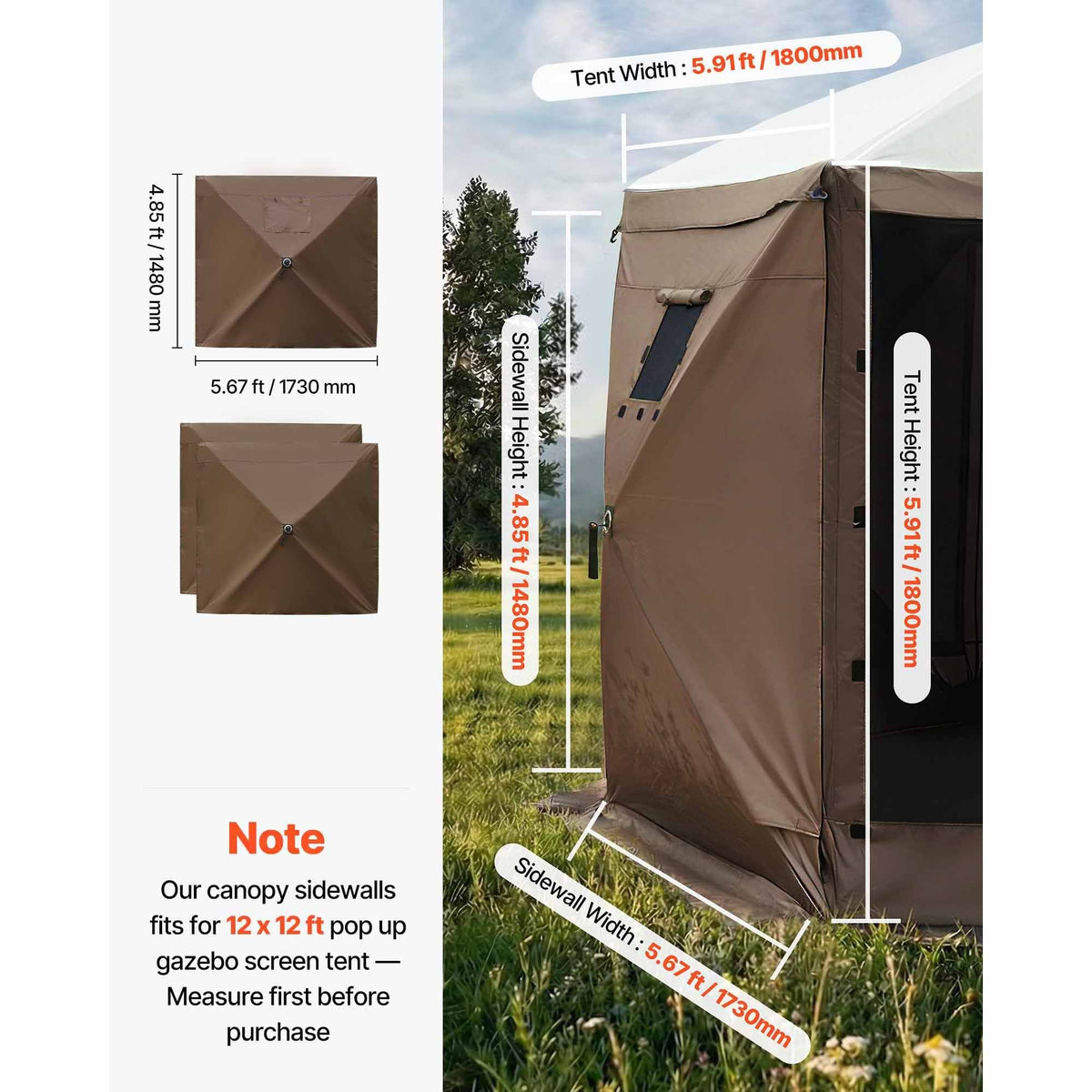 Canopy Sidewalls, 5.67 x 4.85 ft, Canopy Tent Walls with Waterproof and Sunlight Protection Layer, One-Sided Window Design, Fit for Outdoor Event Tents, Vendor Booths (3 Sidewalls Only, Brown)