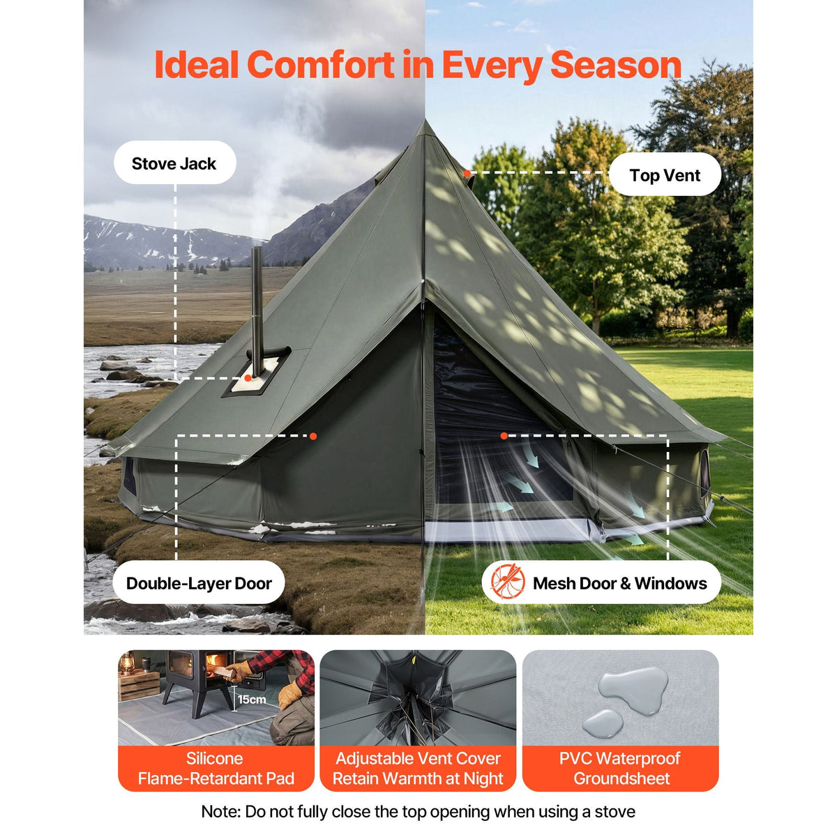 Canvas Bell Tent, 4 Seasons 13.12 ft Yurt Tent for Camping with Stove Jack, Canvas Breathable Holds up to 4 People with Zipped Detachable Floor, for Family Camping Glamping Outdoor Hunting Party