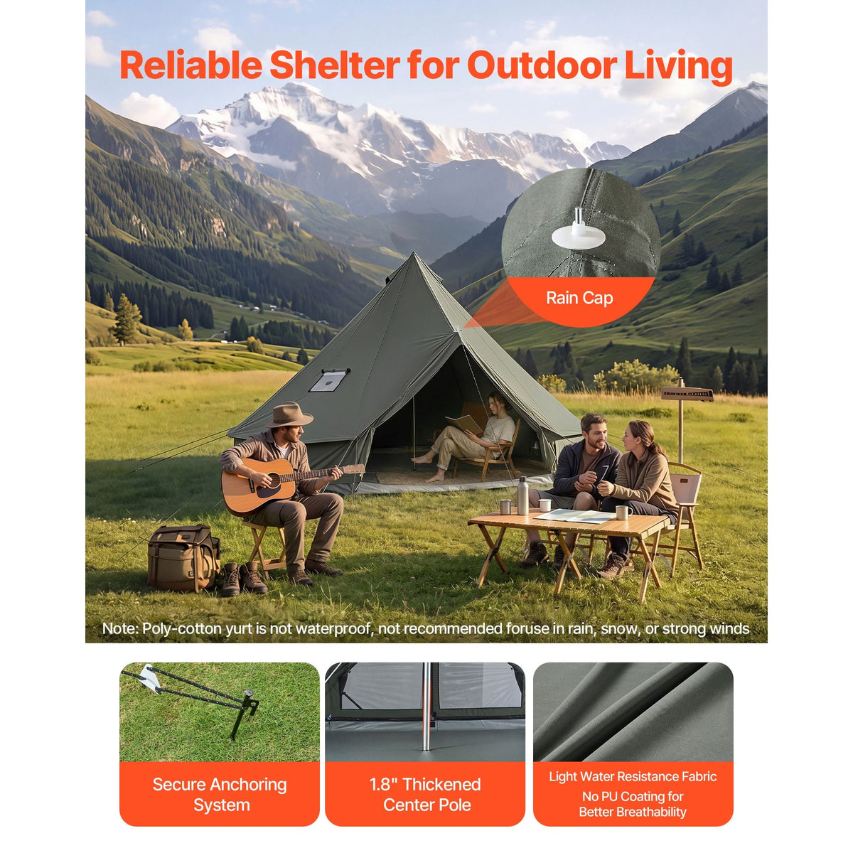 Canvas Bell Tent, 4 Seasons 13.12 ft Yurt Tent for Camping with Stove Jack, Canvas Breathable Holds up to 4 People with Zipped Detachable Floor, for Family Camping Glamping Outdoor Hunting Party
