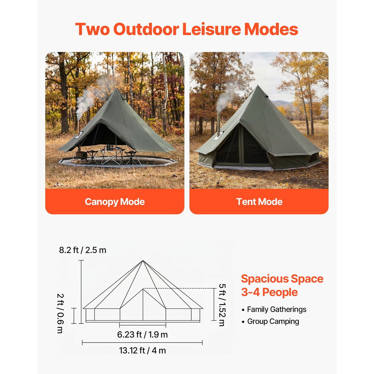 Canvas Bell Tent, 4 Seasons 13.12 ft Yurt Tent for Camping with Stove Jack, Canvas Breathable Holds up to 4 People with Zipped Detachable Floor, for Family Camping Glamping Outdoor Hunting Party