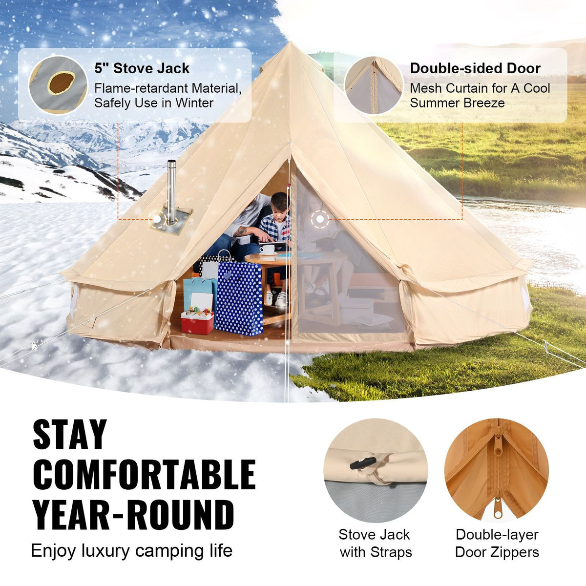 Canvas Bell Tent, 4 Seasons 3 m/9.8ft Yurt Tent, Canvas Tent for Camping with Stove Jack, Breathable Tent Holds up to 4 People, Family Camping Outdoor Hunting Party
