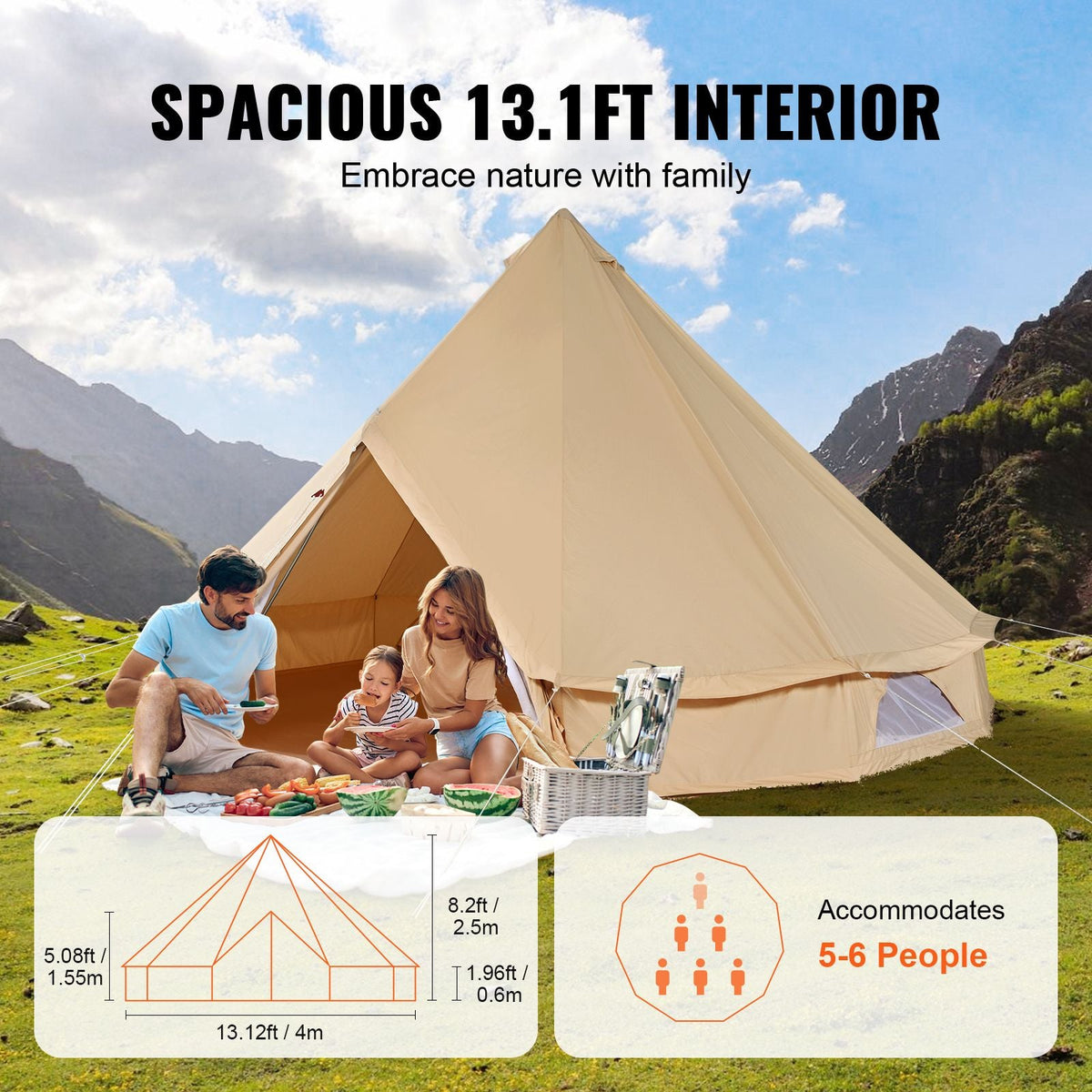 Canvas Bell Tent, 4 Seasons 4 m/13.12 ft Yurt Tent, Canvas Tent for Camping with Stove Jack, Breathable Tent Holds up to 6 People, Family Camping Outdoor Hunting Party
