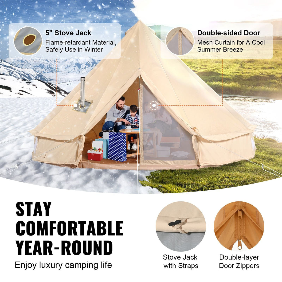 Canvas Bell Tent, 4 Seasons 5 m/16.4 ft Yurt Tent, Canvas Tent for Camping with Stove Jack, Breathable Tent Holds up to 8 People, Family Camping Outdoor Hunting Party