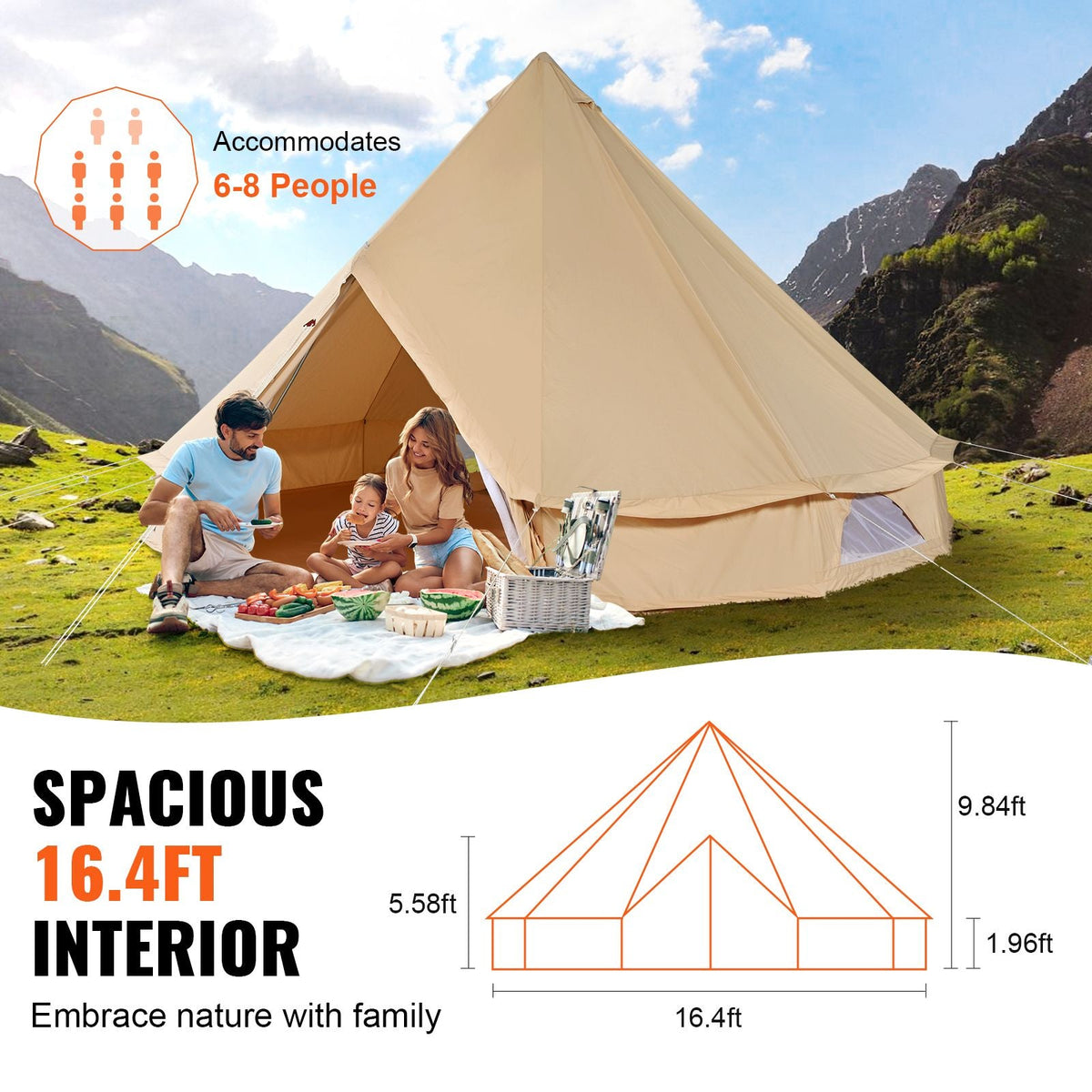 Canvas Bell Tent, 4 Seasons 5 m/16.4 ft Yurt Tent, Canvas Tent for Camping with Stove Jack, Breathable Tent Holds up to 8 People, Family Camping Outdoor Hunting Party