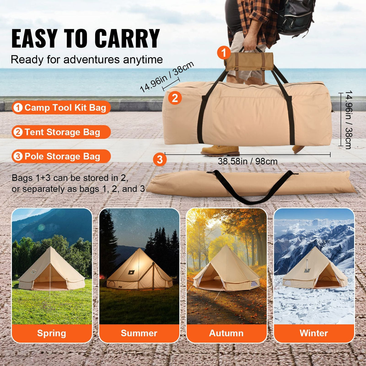 Canvas Bell Tent, 4 Seasons 6 m/19.68 ft Yurt Tent, Canvas Tent for Camping with Stove Jack, Breathable Tent Holds up to 10 People, Family Camping Outdoor Hunting Party
