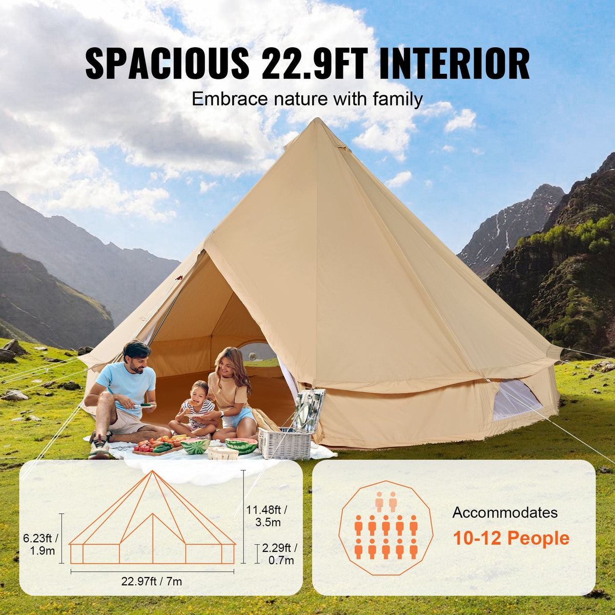 Canvas Bell Tent, 4 Seasons 7 m/22.97 ft Yurt Tent, Canvas Tent for Camping with Stove Jack, Breathable Tent Holds up to 12 People, Family Camping Outdoor Hunting Party