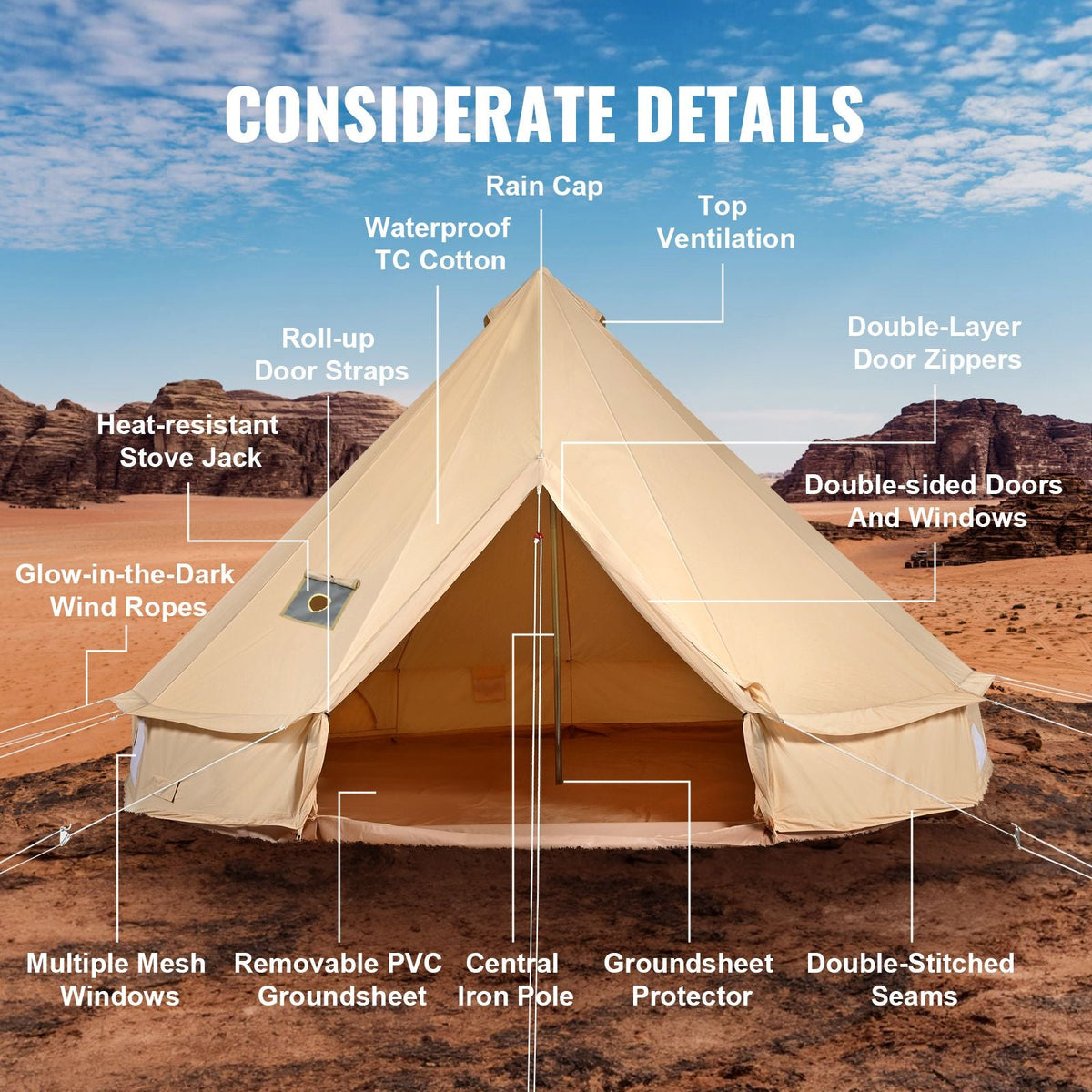 Canvas Bell Tent, 4 Seasons 7 m/22.97 ft Yurt Tent, Canvas Tent for Camping with Stove Jack, Breathable Tent Holds up to 12 People, Family Camping Outdoor Hunting Party