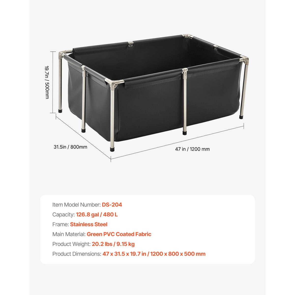 Canvas Fish Pond, 126.8 Gal Above Ground Fish Pond, Foldable PVC Koi Tank, Rectangular Goldfish Tank with Stable Frame and Drain Valve, for Aquaculture, Koi Breeding, and Irrigation (Black)