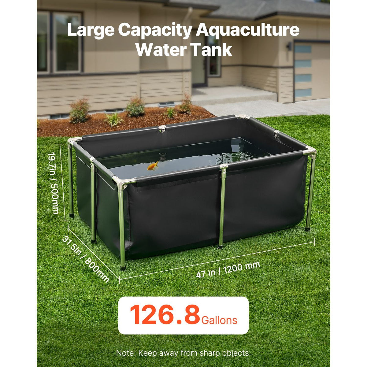Canvas Fish Pond, 126.8 Gal Above Ground Fish Pond, Foldable PVC Koi Tank, Rectangular Goldfish Tank with Stable Frame and Drain Valve, for Aquaculture, Koi Breeding, and Irrigation (Black)