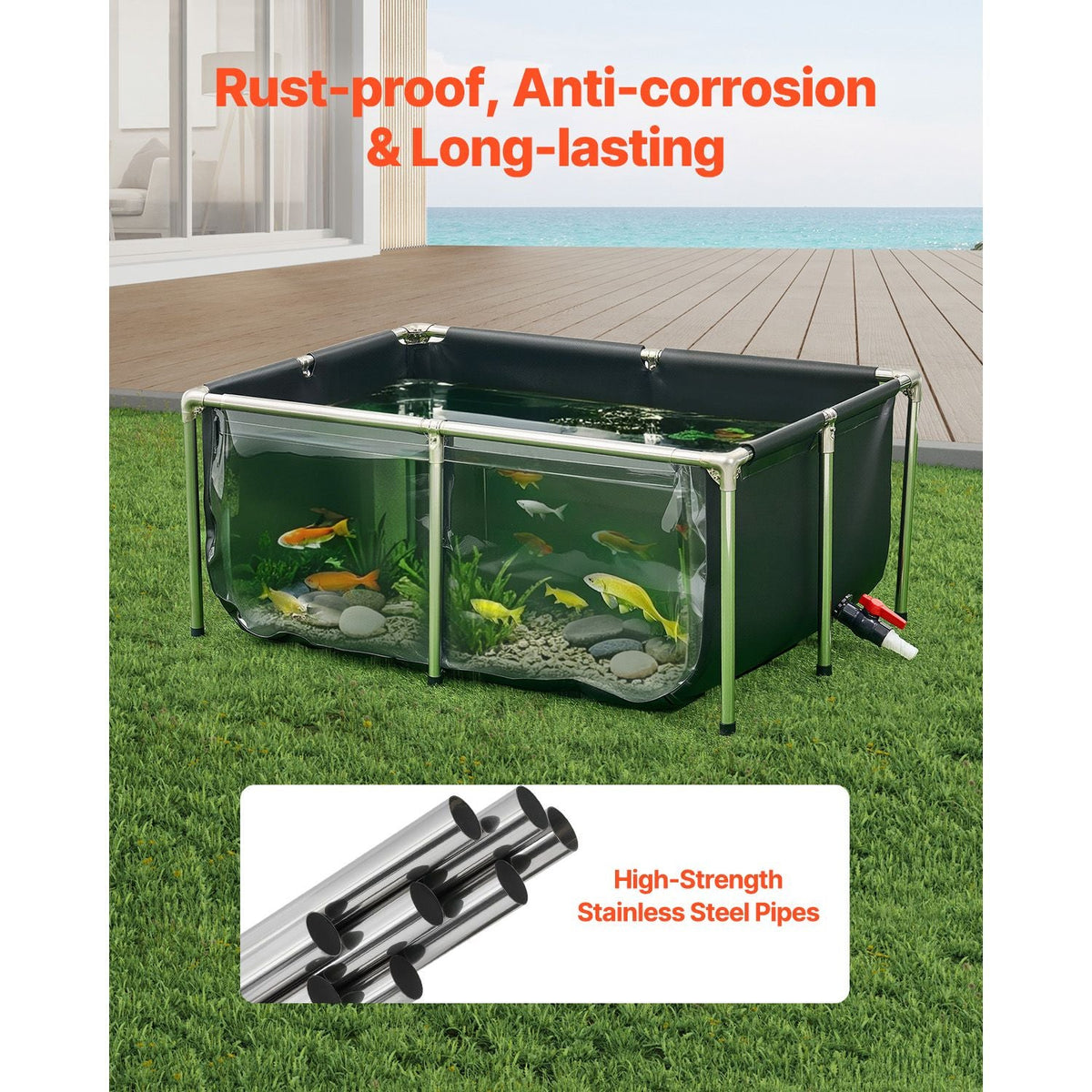 Canvas Fish Pond, 126.8 Gal Above Ground Fish Pond, PVC Koi Tank with Clear Viewing Panel, Rectangular Goldfish Tank with Stainless Steel Frame & Drain Valve, for Breeding Koi, Irrigation(Black)