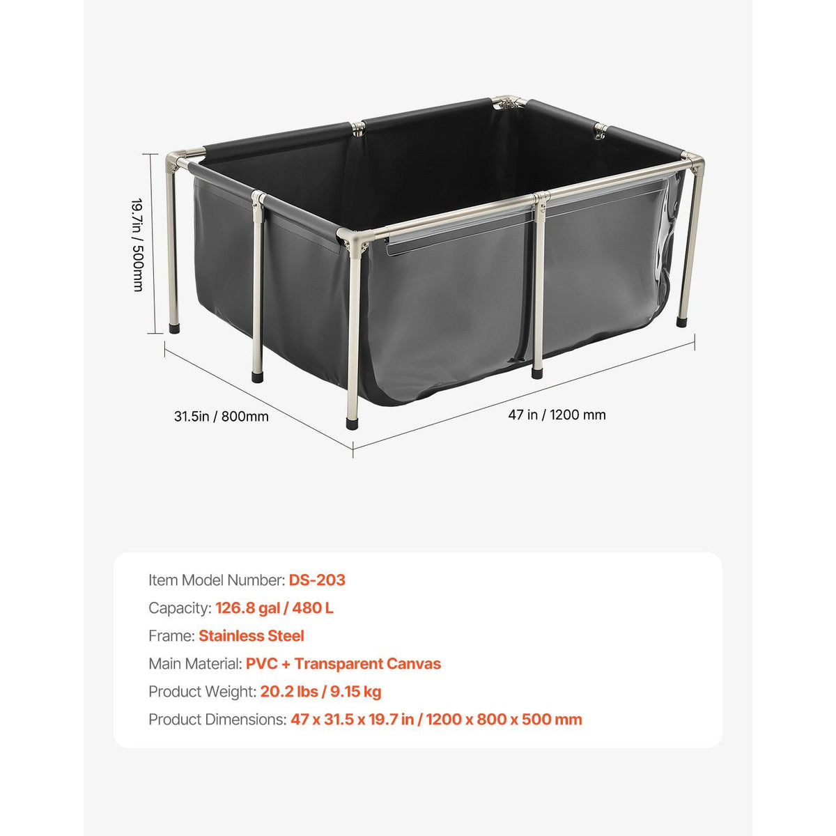 Canvas Fish Pond, 126.8 Gal Above Ground Fish Pond, PVC Koi Tank with Clear Viewing Panel, Rectangular Goldfish Tank with Stainless Steel Frame & Drain Valve, for Breeding Koi, Irrigation(Black)