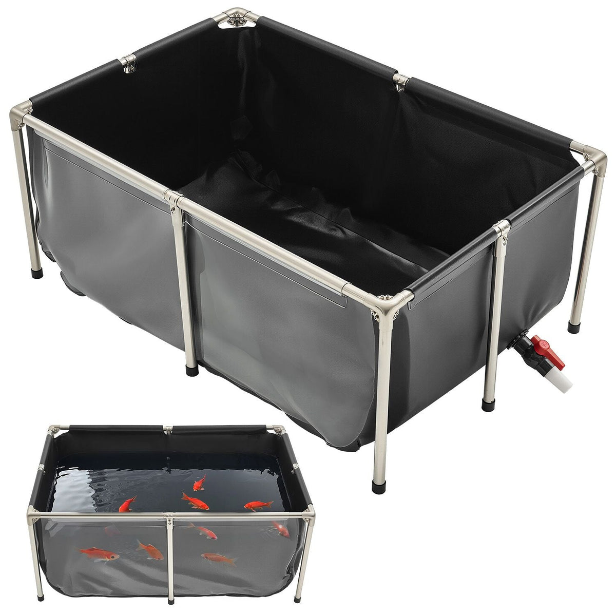 Canvas Fish Pond, 126.8 Gal Above Ground Fish Pond, PVC Koi Tank with Clear Viewing Panel, Rectangular Goldfish Tank with Stainless Steel Frame & Drain Valve, for Breeding Koi, Irrigation(Black)