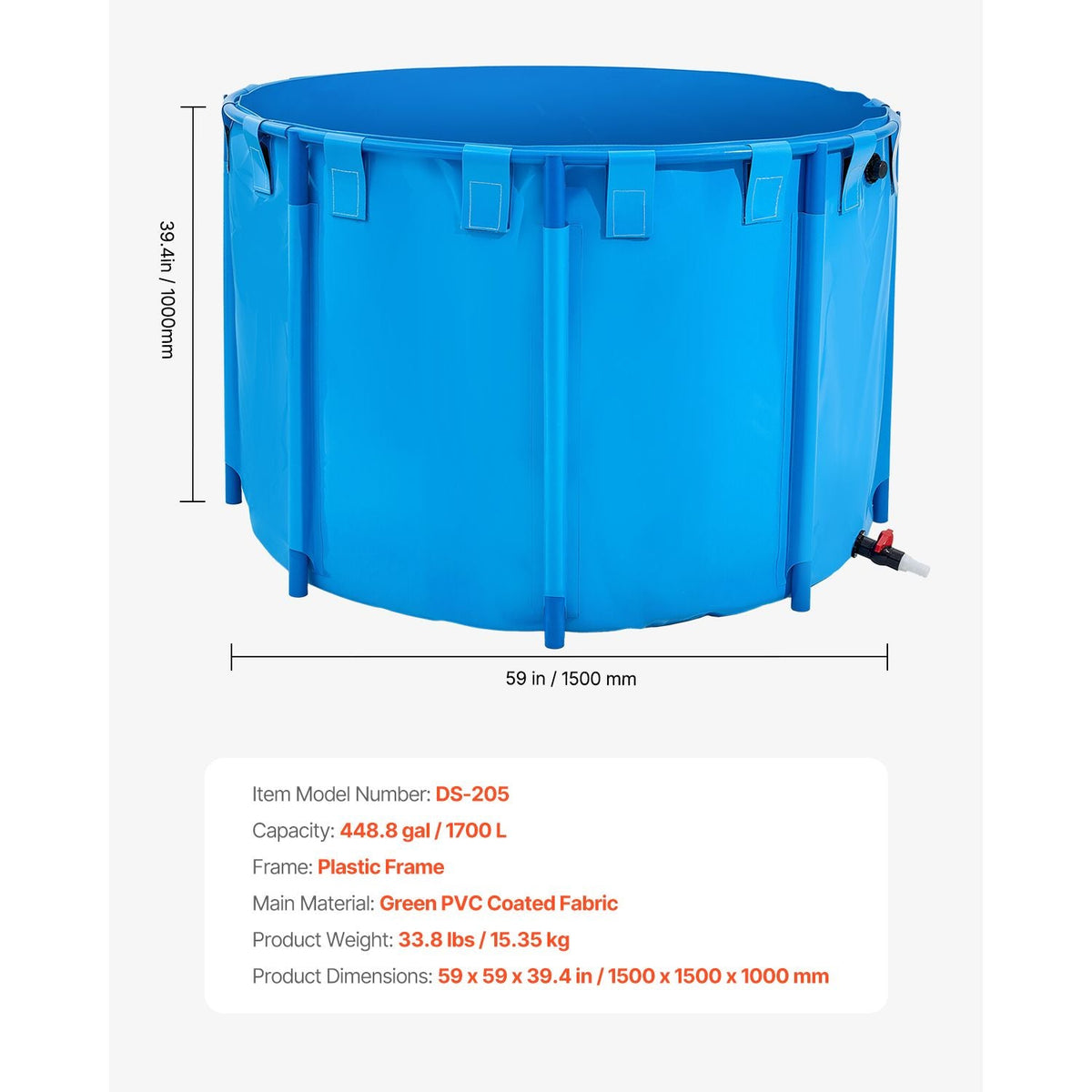 Canvas Fish Pond, 448.8 Gal Capacity Above Ground Fish Pond, Foldable PVC Koi Tank, Round Goldfish Tank with Stable Frame and Drain Valve, for Aquaculture, Koi Breeding, and Irrigation (Blue)