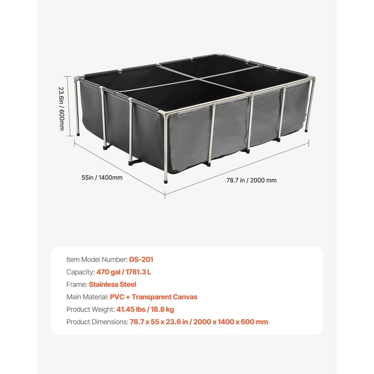 Canvas Fish Pond, 470 Gal Above Ground Fish Pond, PVC Koi Tank with Clear Viewing Panel, Rectangular Goldfish Tank with Stainless Steel Frame & Drain Valve, for Breeding Koi, Irrigation(Black)
