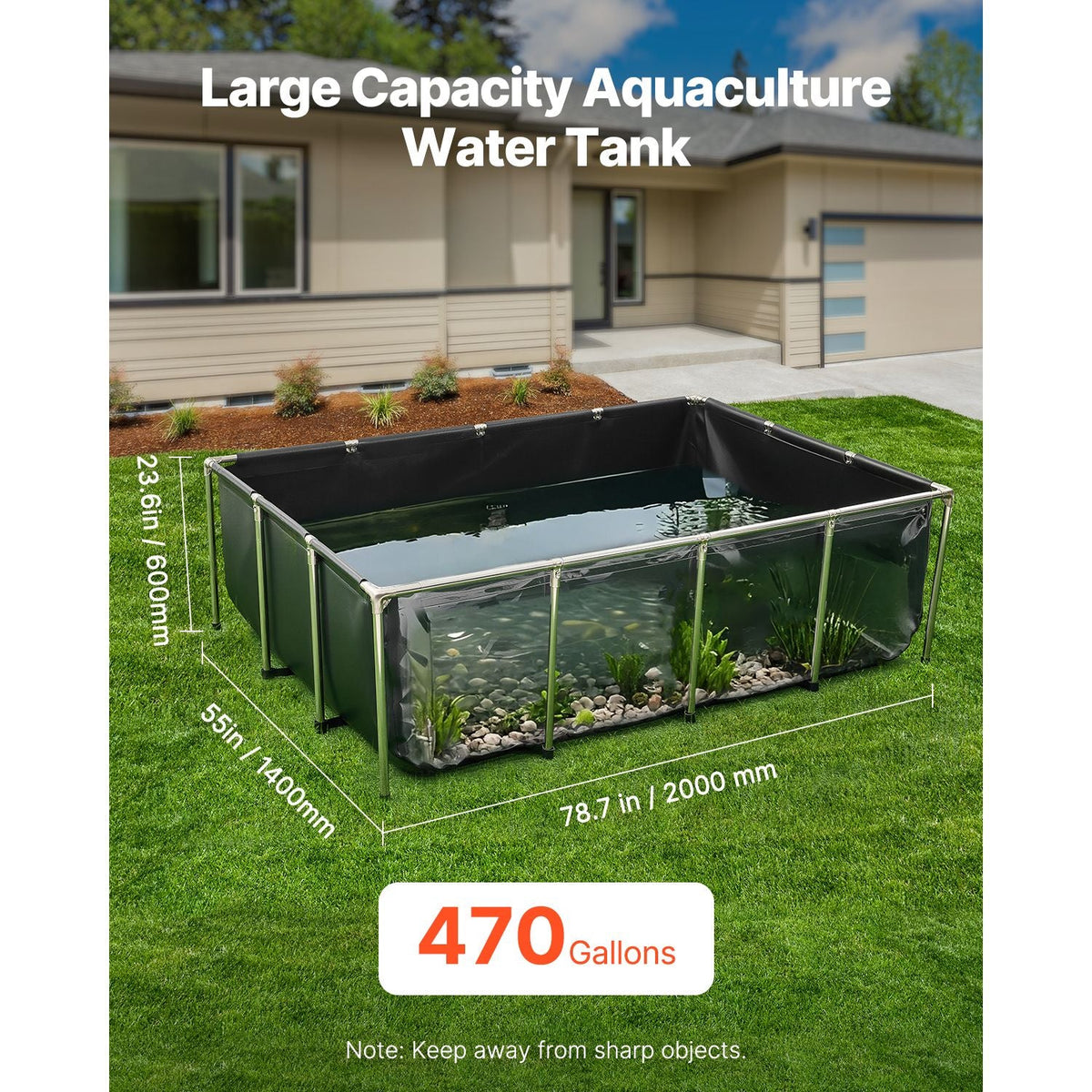 Canvas Fish Pond, 470 Gal Above Ground Fish Pond, PVC Koi Tank with Clear Viewing Panel, Rectangular Goldfish Tank with Stainless Steel Frame & Drain Valve, for Breeding Koi, Irrigation(Black)