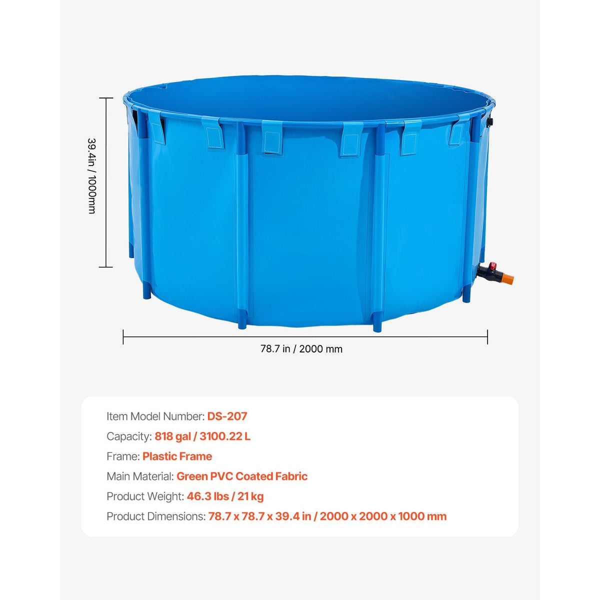 Canvas Fish Pond, 818 Gal Capacity Above Ground Fish Pond, Foldable PVC Koi Tank, Round Goldfish Tank with Stable Frame and Drain Valve, for Aquaculture, Koi Breeding, and Irrigation (Blue)