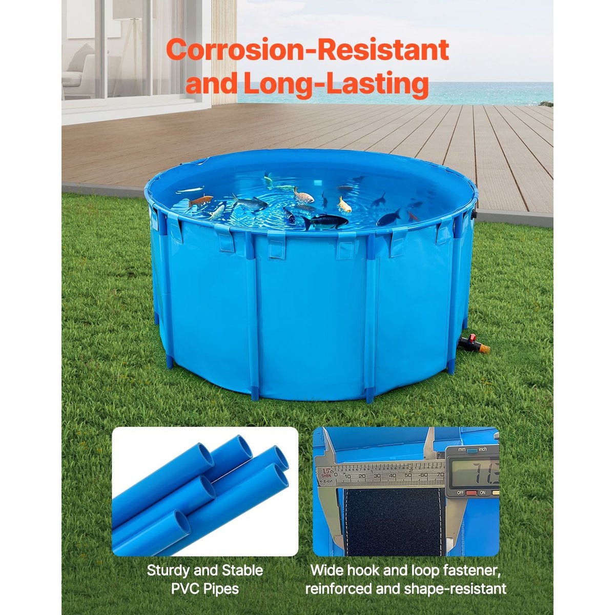 Canvas Fish Pond, 818 Gal Capacity Above Ground Fish Pond, Foldable PVC Koi Tank, Round Goldfish Tank with Stable Frame and Drain Valve, for Aquaculture, Koi Breeding, and Irrigation (Blue)