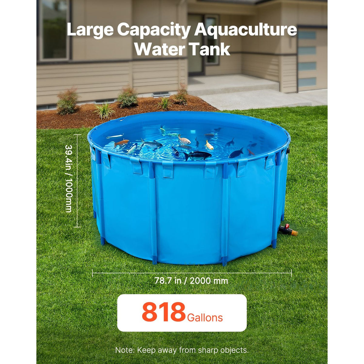 Canvas Fish Pond, 818 Gal Capacity Above Ground Fish Pond, Foldable PVC Koi Tank, Round Goldfish Tank with Stable Frame and Drain Valve, for Aquaculture, Koi Breeding, and Irrigation (Blue)