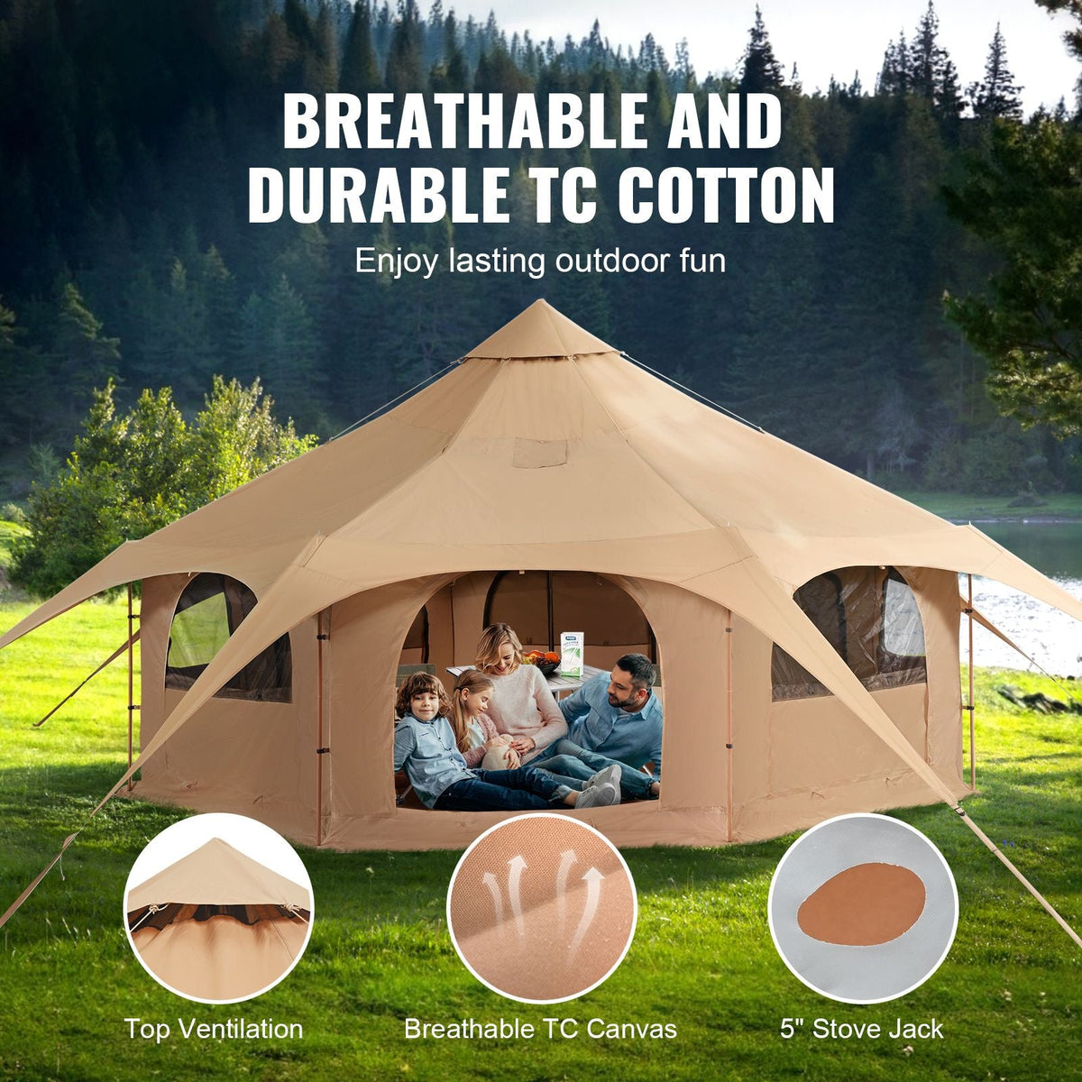 Canvas Tent, 4 Seasons 5 m/16.4 ft Bell Tent, Canvas Tent for Camping with Stove Jack, Breathable Yurt Tent for up to 8 People, Family Camping Outdoor Hunting Party