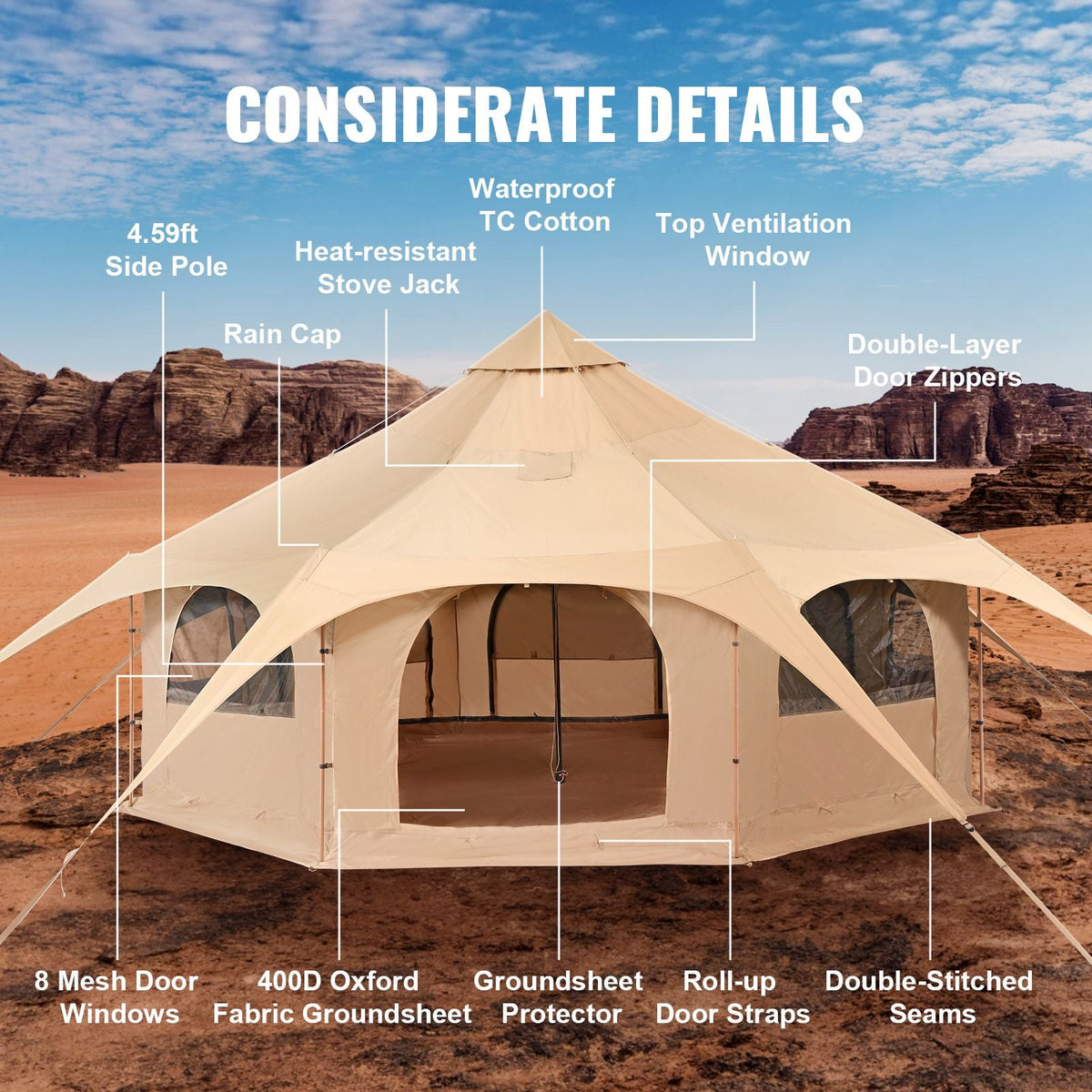 Canvas Tent, 4 Seasons 5 m/16.4 ft Bell Tent, Canvas Tent for Camping with Stove Jack, Breathable Yurt Tent for up to 8 People, Family Camping Outdoor Hunting Party